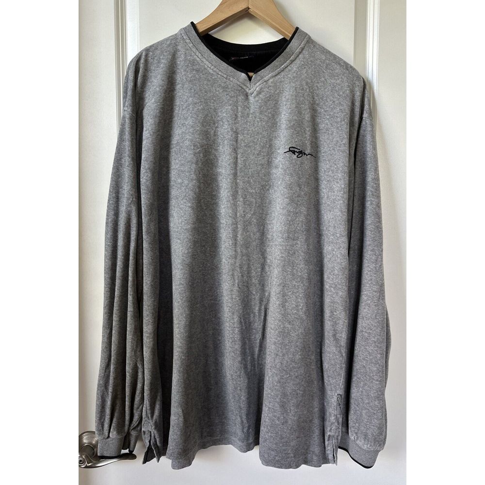 Vintage Fubu Shirt Mens Large Gray Terry Cloth Y2K Spellout V Neck Long Sleeve